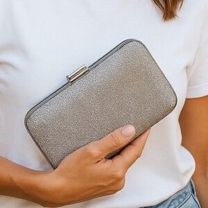 Elegant Silver Clutch Bag 5.5” X 3” With Clasp and Credit Card Holder EUC